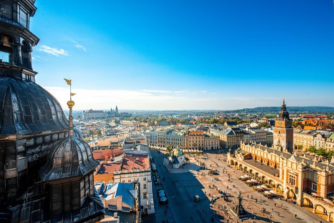 Krakow rooftops and the towers of St Mary&rsquo;s from above