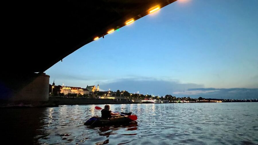 Packrafting kayaking guided tour Vistula river Warsaw Poland - The Old Town sunset moment, plus a possible island photo stop